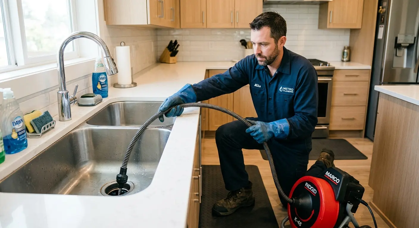 Drain cleaning technician using a motorized snake on a kitchen sink in Lutherville