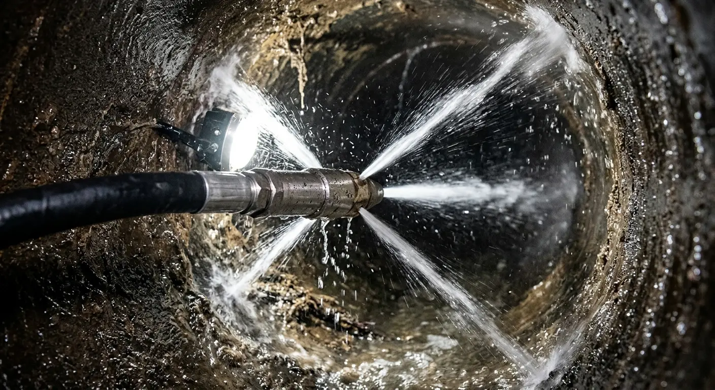High-pressure hydro jetting nozzle cleaning sewer pipe for Trenchless Sewer Repair in Lutherville