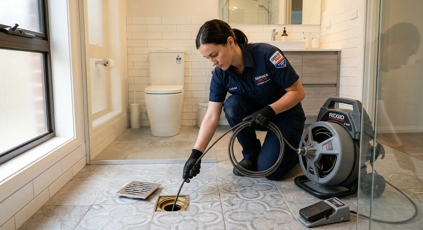 Technician clearing a bathroom floor drain for Drain Repair in Lutherville